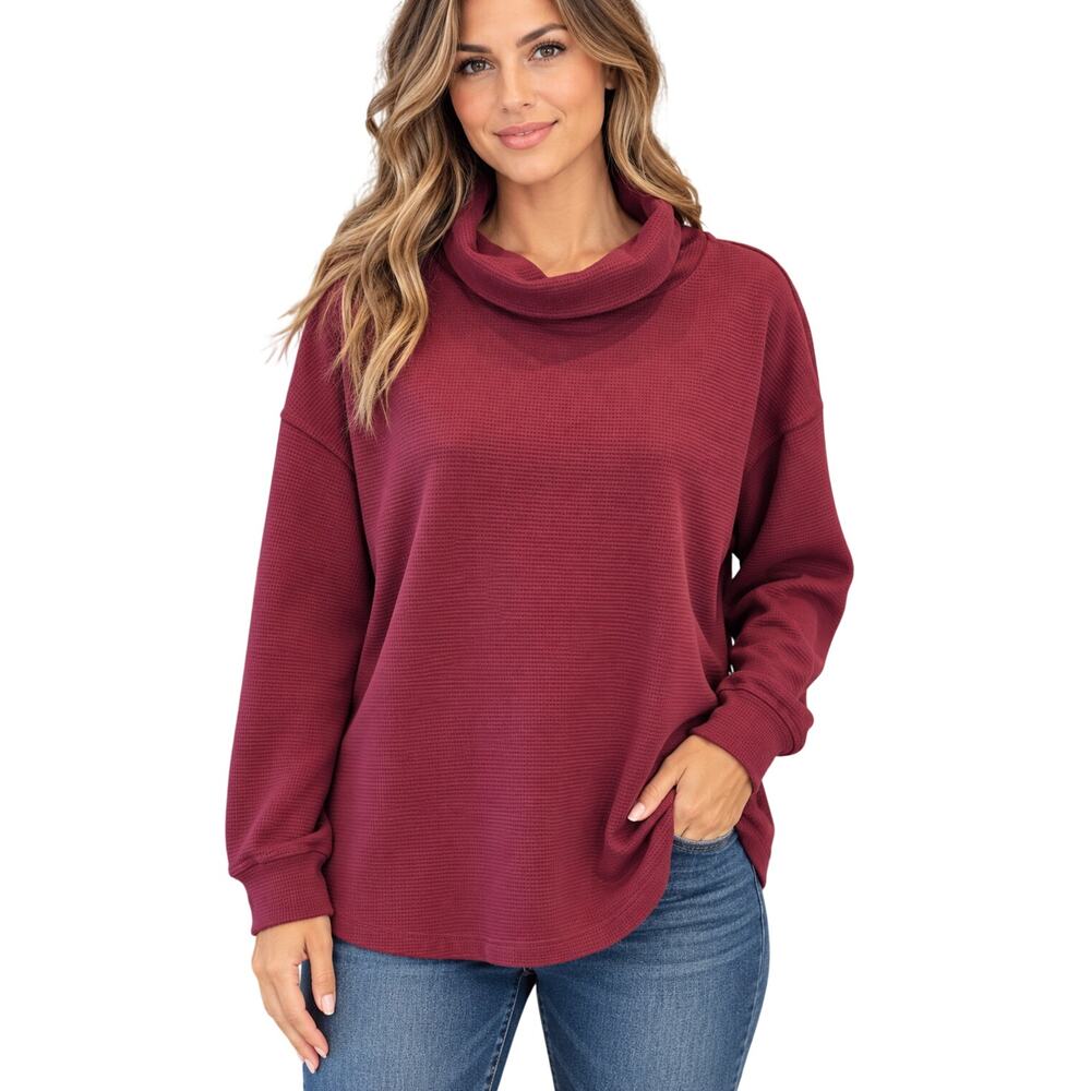 Lands end maroon waffle knit slub knit turtle neck sz L sweater pull over EUC
